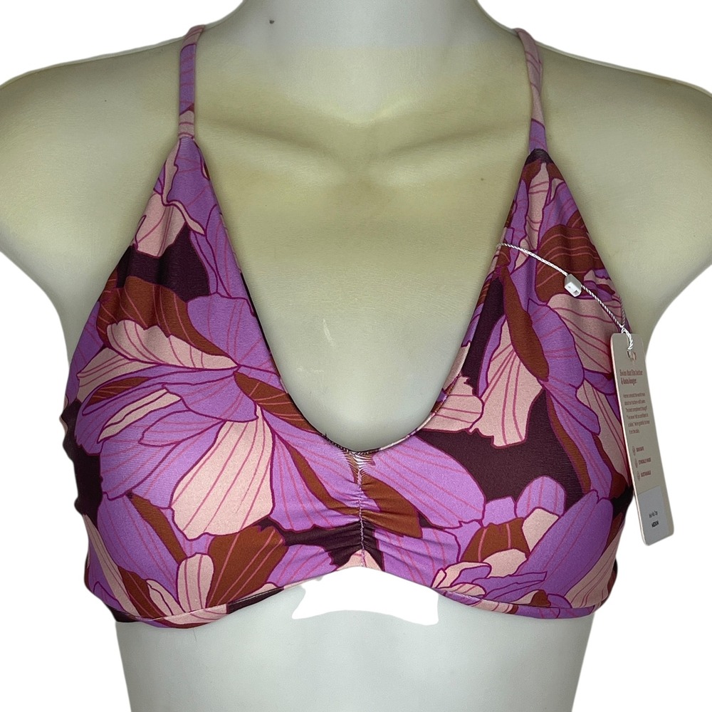 Midori Irie Mia Top Lavender Floral Print Halter Back Tie Bikini Swim Top Medium